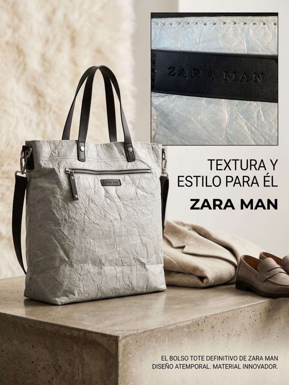 Zara Man Light Gray Tote with Black Handles